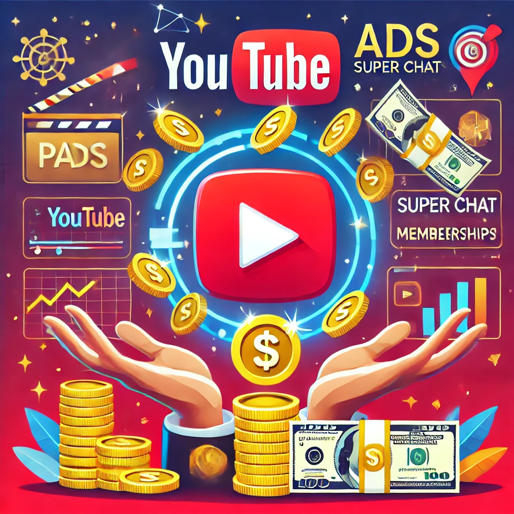 A modern digital illustration showcasing YouTube monetization with a creator earning revenue from ads, memberships, and Super Chats.