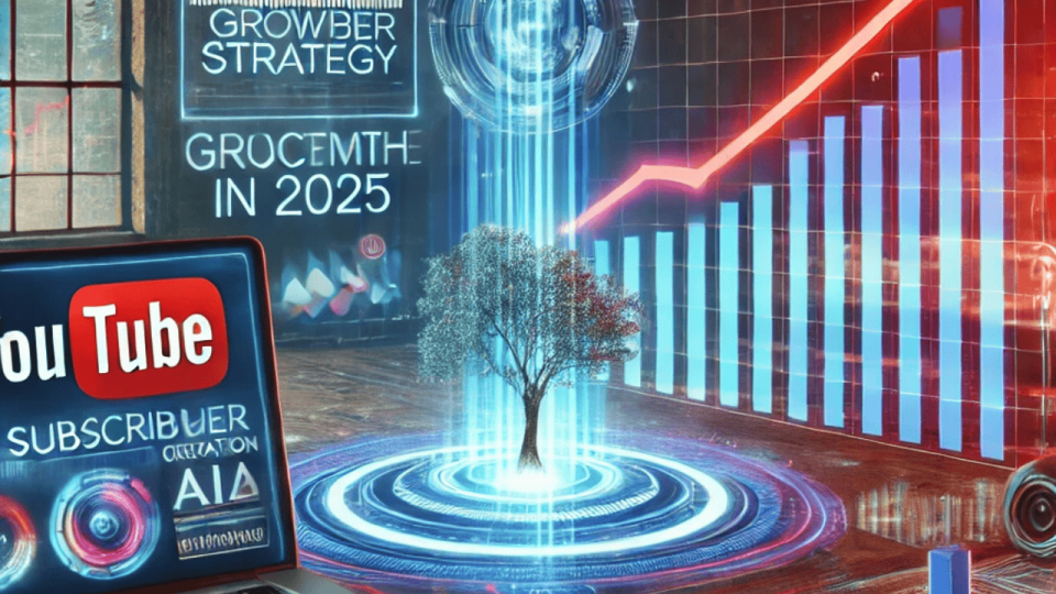 A futuristic digital environment illustrating a YouTube growth strategy with rising subscriber count, video creation tools, and an AI-powered analytics dashboard.