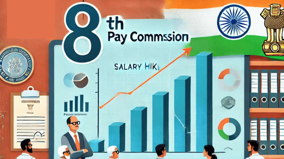 A modern digital illustration representing the 8th Pay Commission in India, featuring a government document, a rising salary graph, and central government employees.