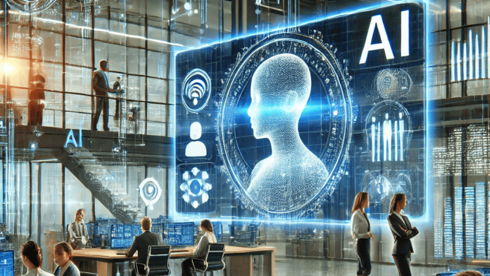 Futuristic business environment with AI-powered technology and automation.